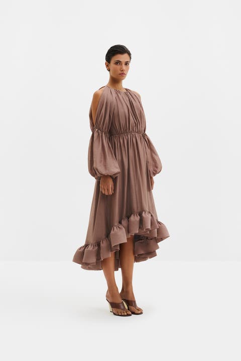 Leontine Pouf Sleeve Ruffled Midi Dress