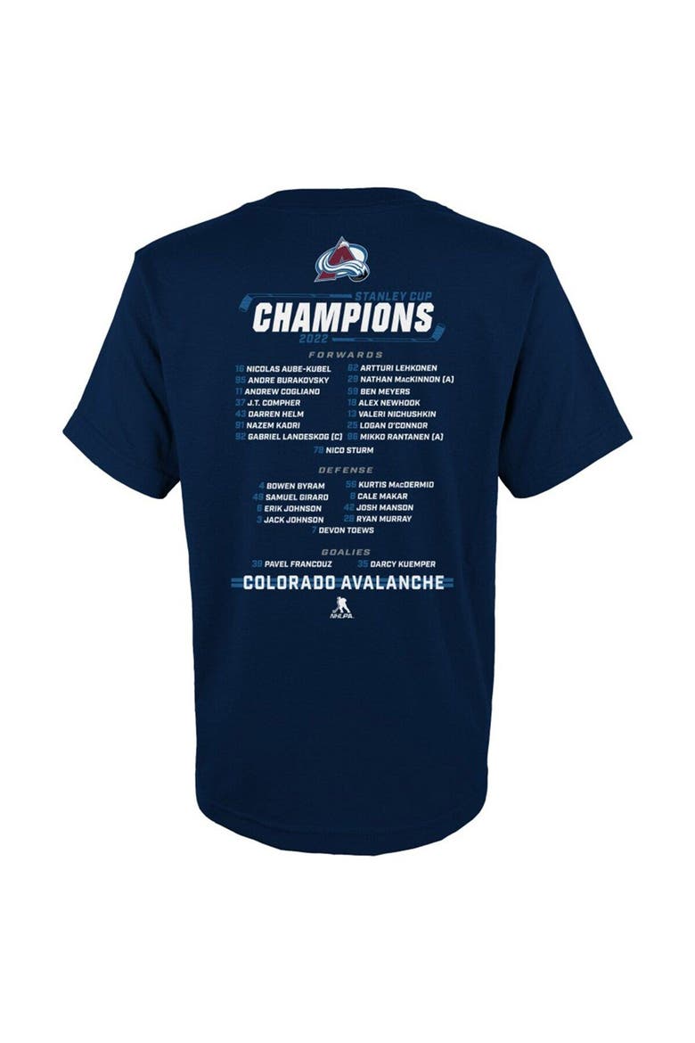 Youth Fanatics Branded Navy Colorado Avalanche 2022 Stanley Cup Champions Roster T-Shirt, Alternate, color, Navy