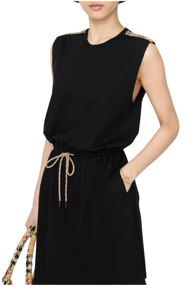 Check Trim Cotton Jersey Dress, Main, color, Black