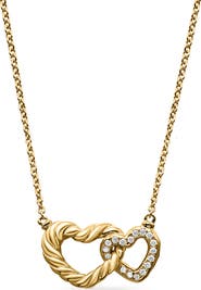 David Yurman Double Heart Pendant Necklace in 18K Yellow Gold with Diamonds