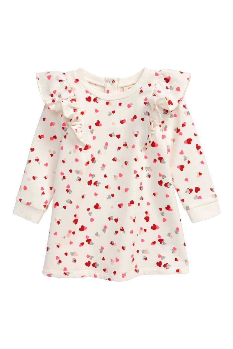Ruffle Fleece Dress, Main, color, IVORY EGRET HEARTS