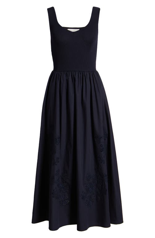 Moon River Sleeveless Mixed Media Midi Dress In Navy