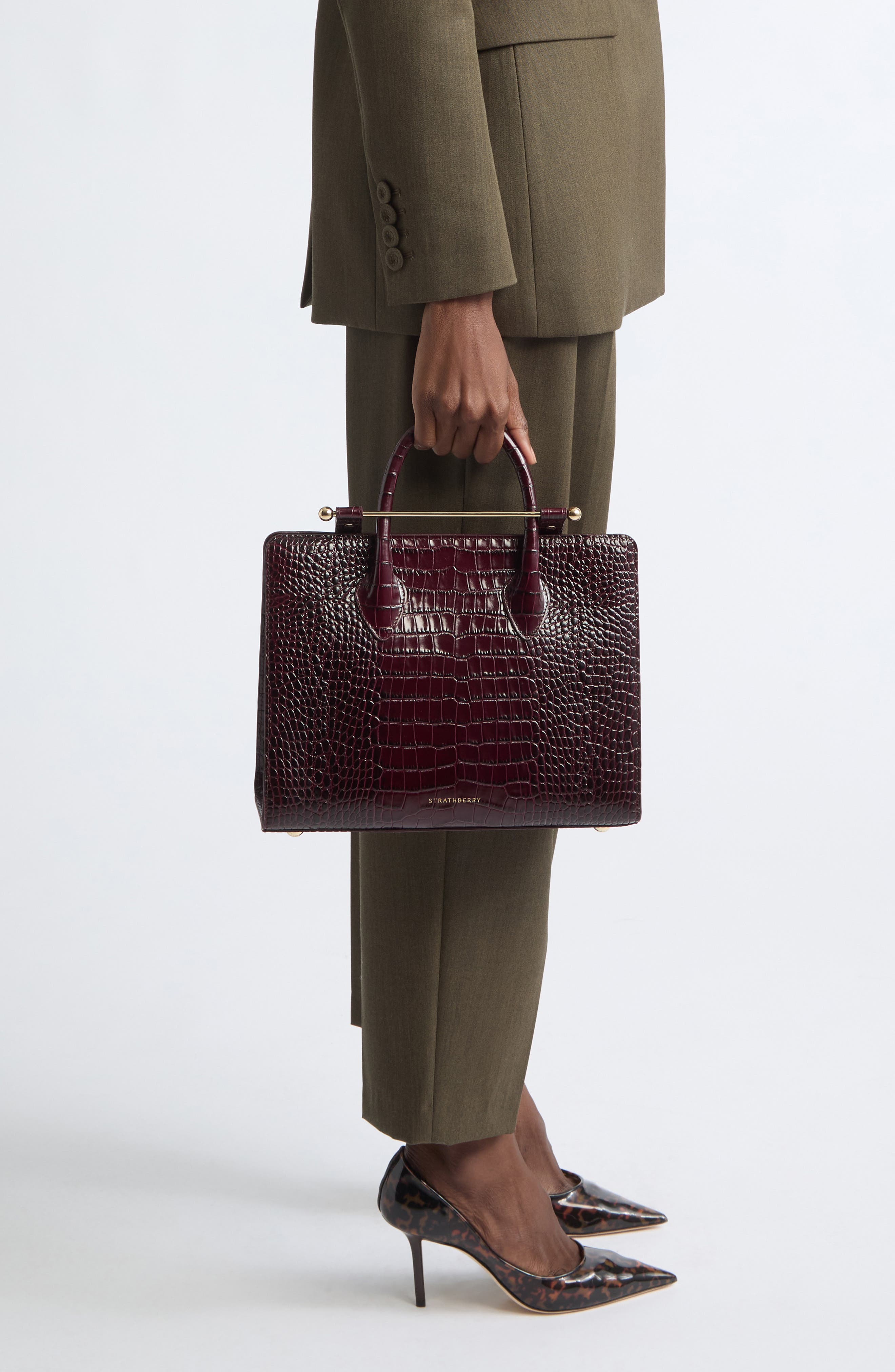 Midi Croc Embossed Leather Tote, Alternate, color, BURGUNDY