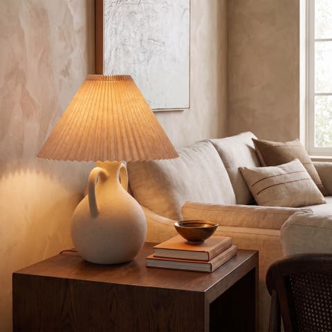 Cream Stoneware Table Lamp with Linen Shade