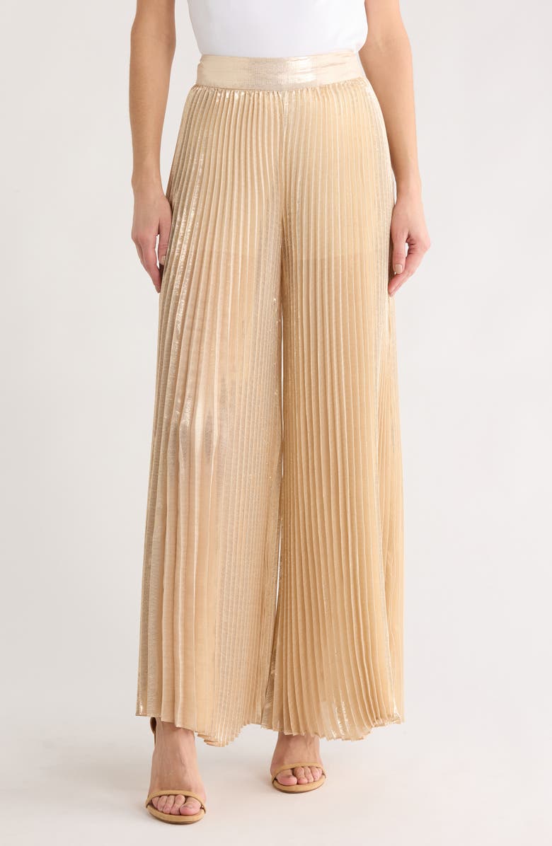 Alice + Olivia Rosalie High Waist Pleated Silk Blend Wide Leg Pants, Main, color, Champagne/ Gold