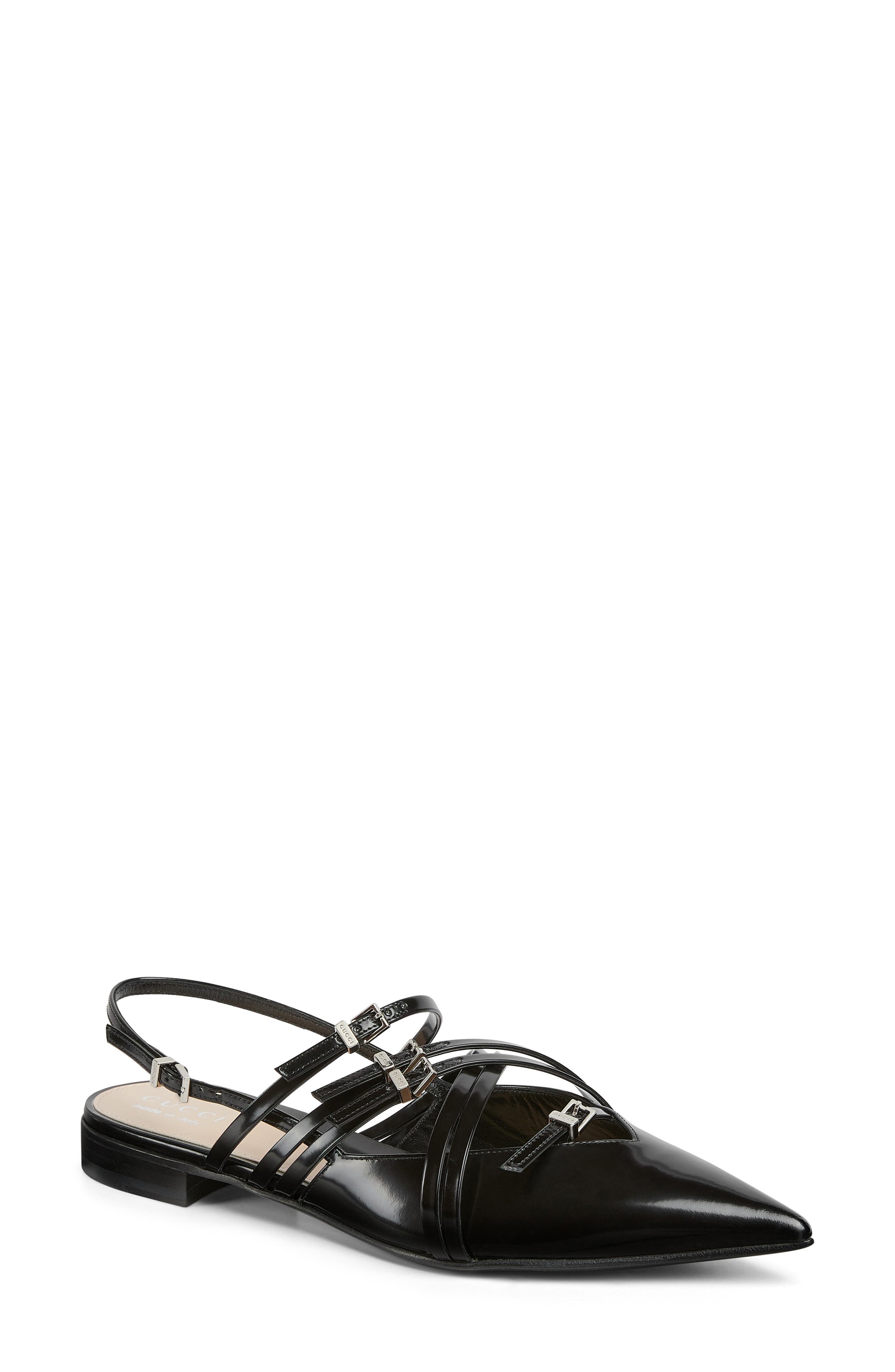Seraphine Buckle Detail Pointed Toe Slingback Flat, Main, color, NERO
