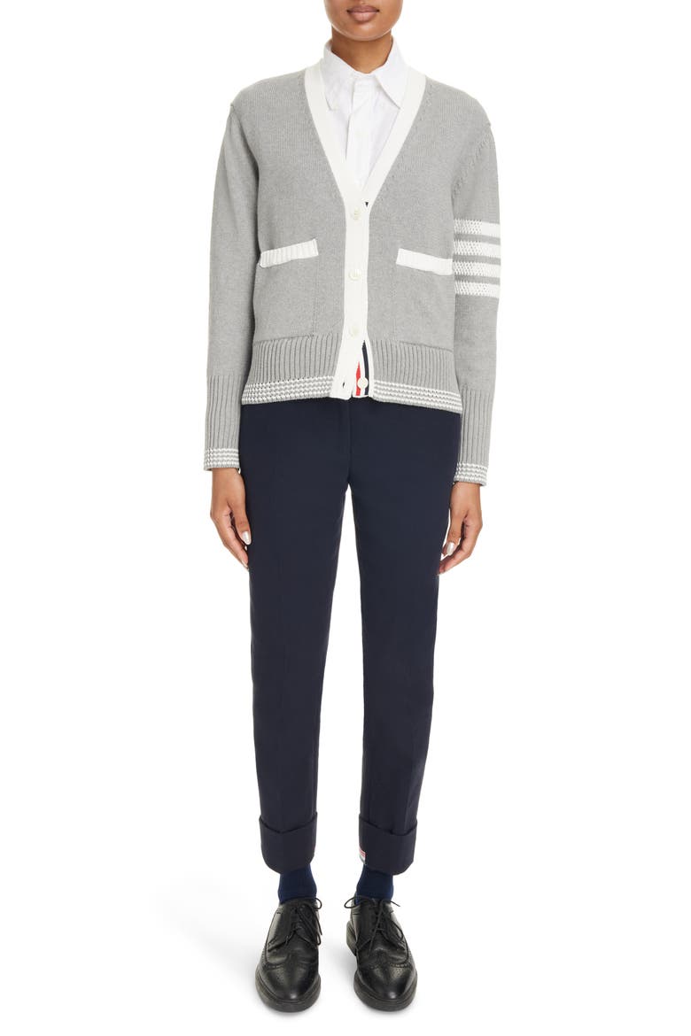 4-Bar Cotton V-Neck Cardigan, Alternate, color, LIGHT GREY