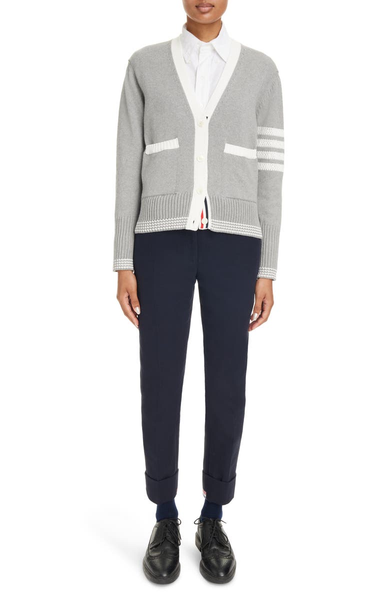 Thom Browne 4-Bar Cotton V-Neck Cardigan, Alternate, color, 