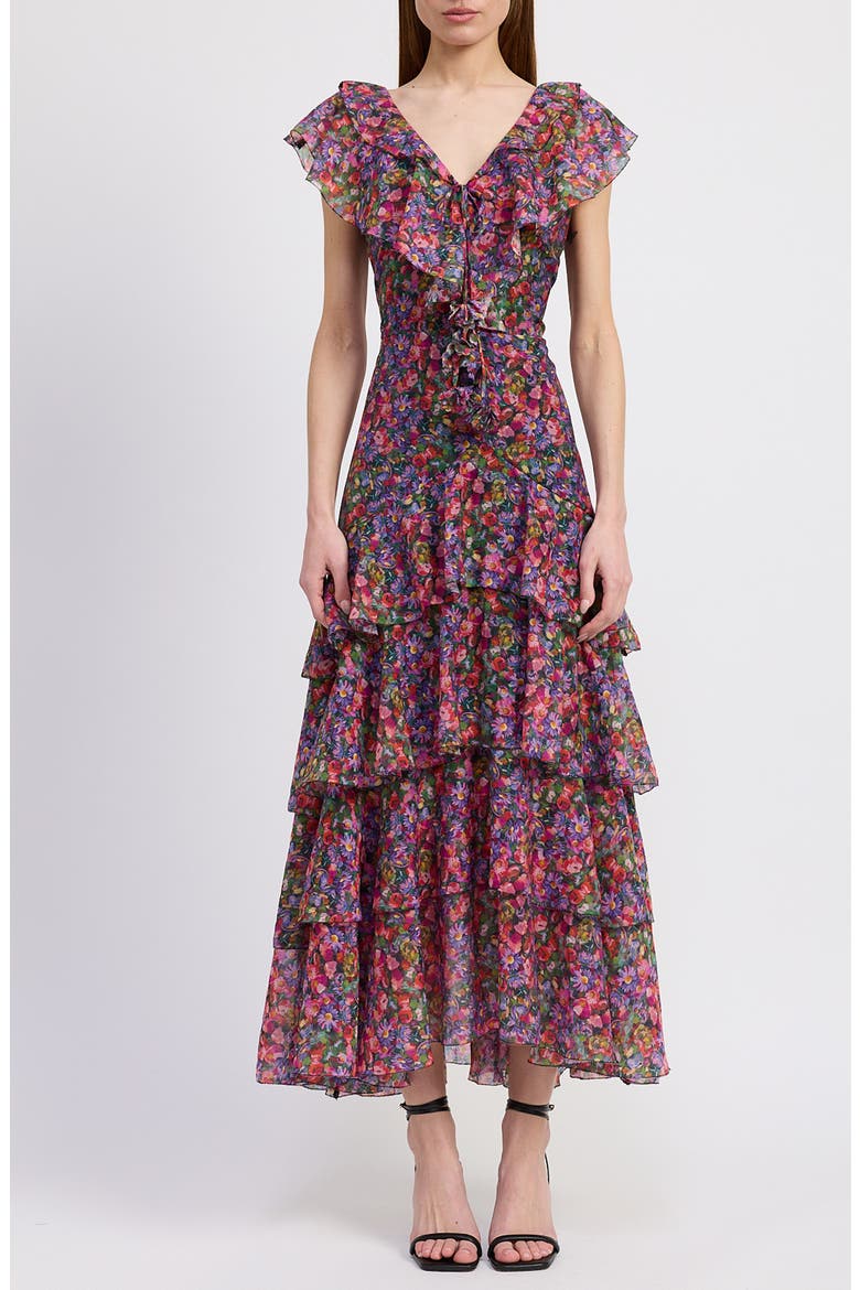 Naomi Ruffle Maxi Dress, Main, color, PURPLE MULTI