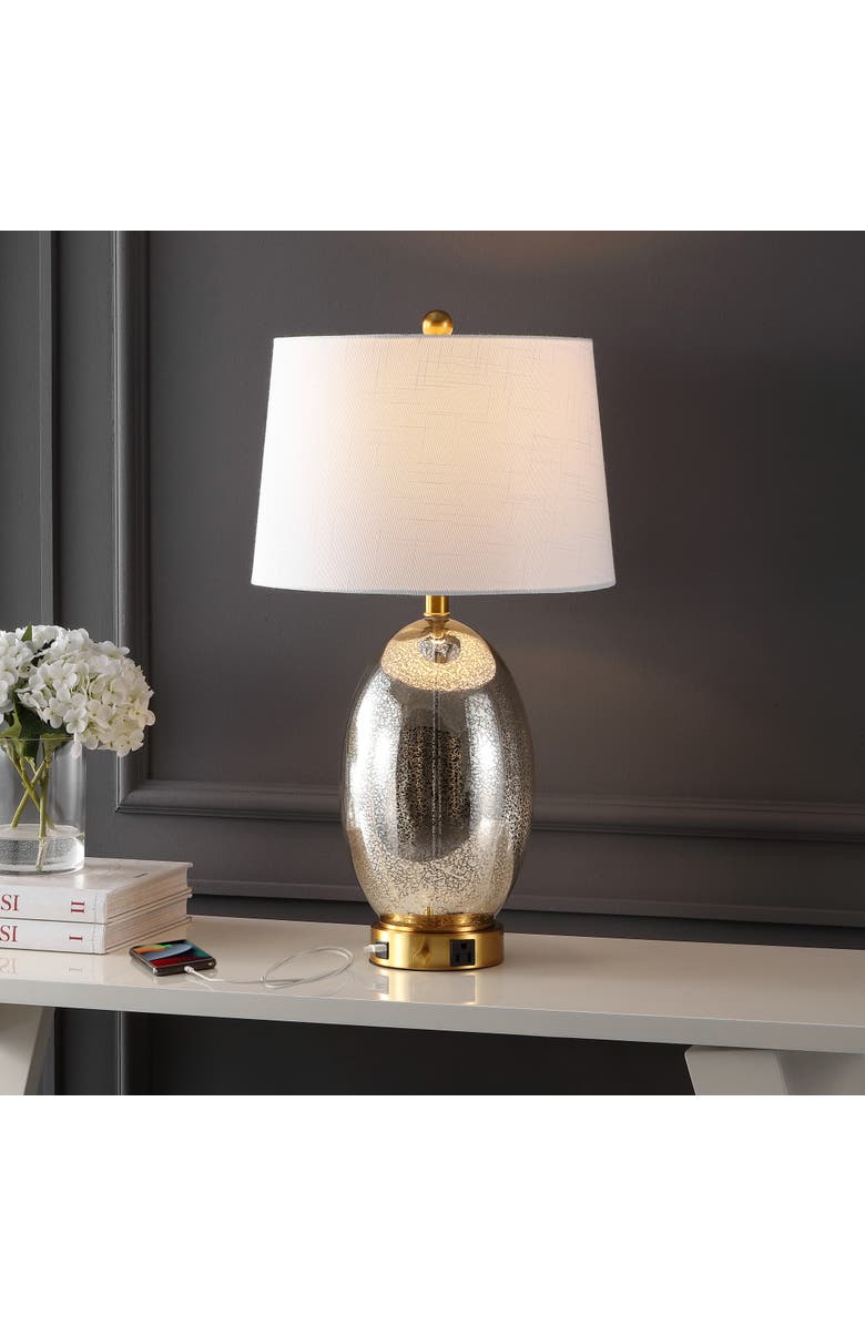 JONATHAN Y Reese 26.5" 1-Outlet Contemporary Style Iron/Glass LED Table Lamp with USB Charging Port, Alternate, color, Silver/Brass Gold