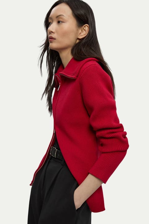 Cotton Zip Through Collar Knit Cardigan