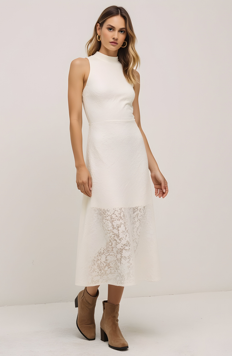 Modenaire Textured Sleeveless Midi Dress with Mock Neck and Lace Hem Inset, Alternate, color, 