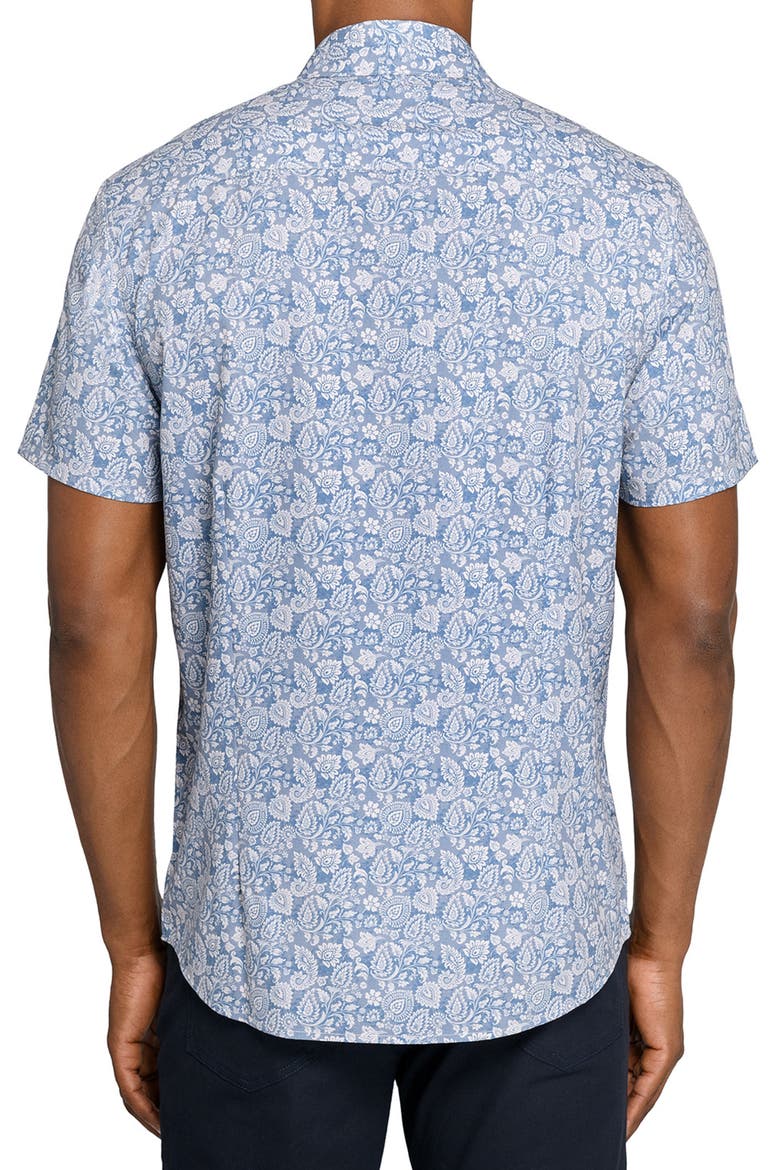 Slim Fit Antique Floral Short Sleeve Performance Button-Up Shirt, Alternate, color, WHITE/ BLUE