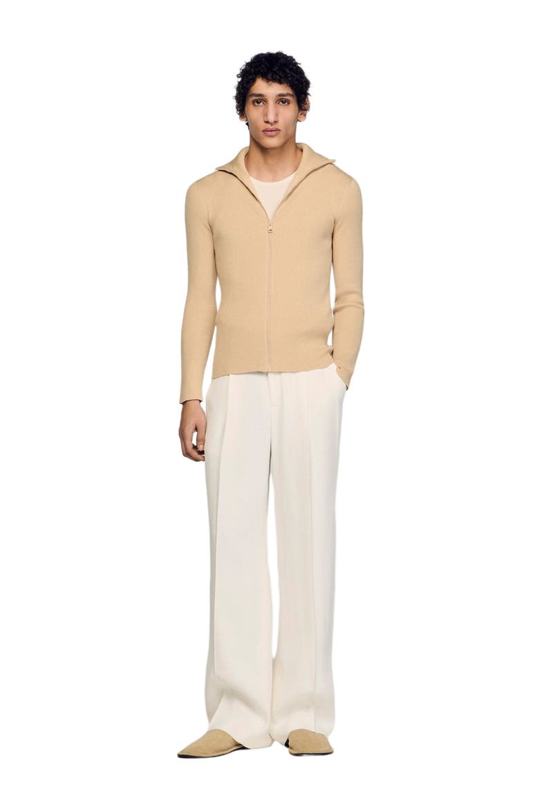 Zip cardigan with standing collar, Alternate, color, Beige