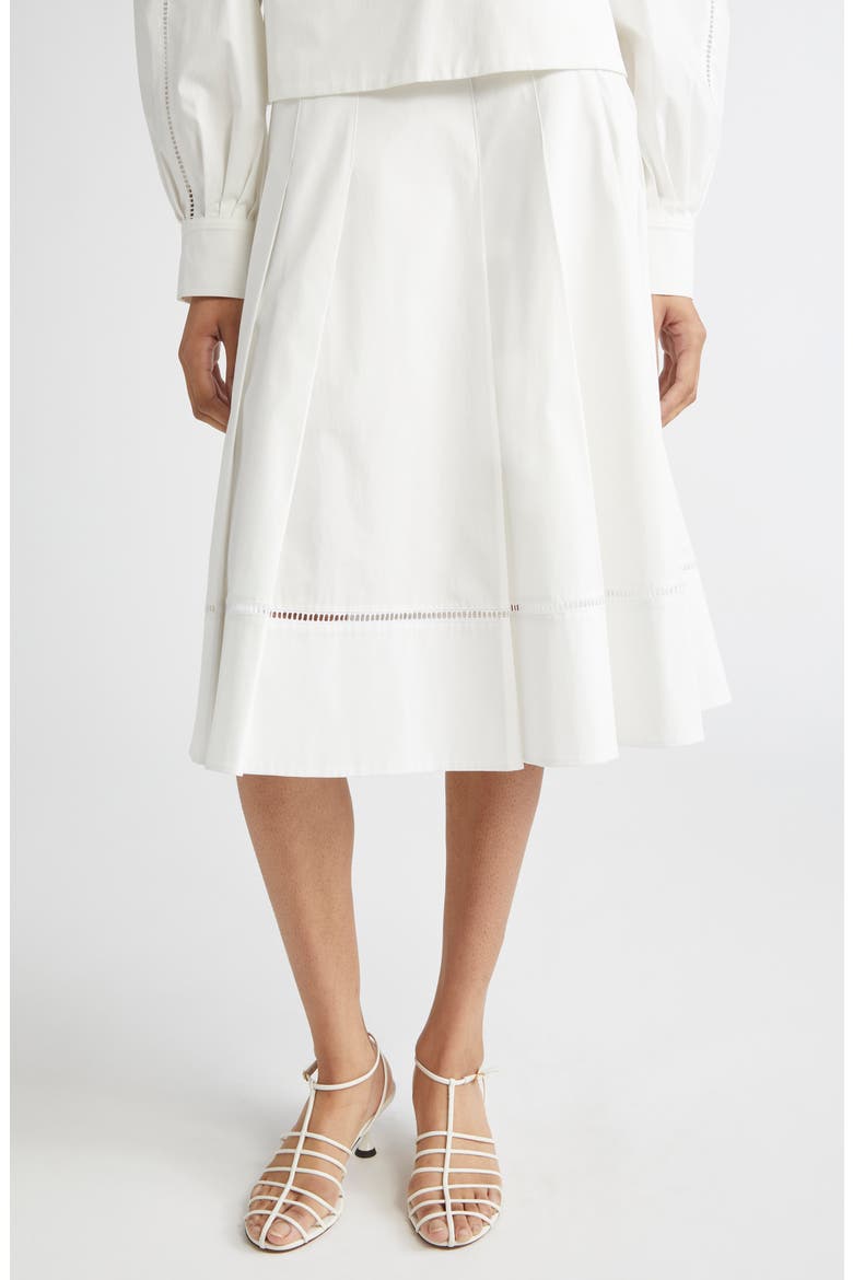 Laci Ladder Stitch Inset Pleated Stretch Cotton Poplin Skirt, Main, color, WHITE