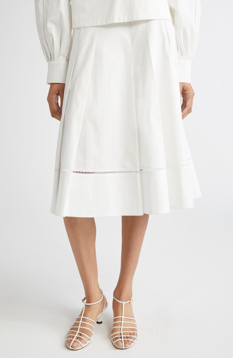 Proenza Schouler Laci Ladder Stitch Inset Pleated Stretch Cotton Poplin Skirt, Main, color, White