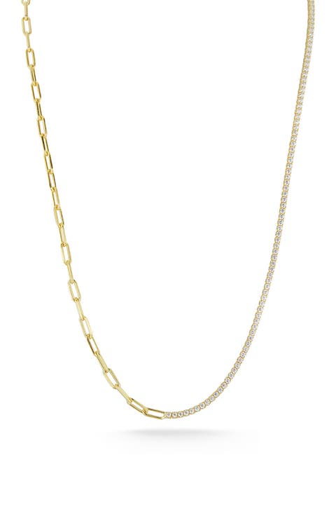 14K Gold Plated Sterling Silver CZ Mixed Chain Necklace