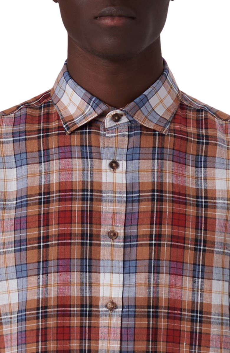 Bugatchi Plaid Linen Button-Up Shirt, Alternate, color,