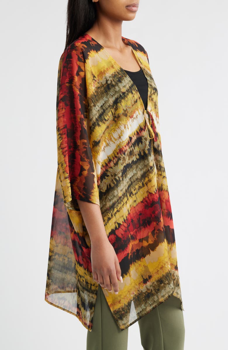 Anne Klein Printed Asymmetric Tie Front Cardigan, Alternate, color, Olive Palm Multi