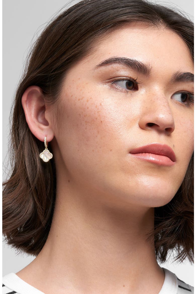 Crystal Halo Clover Hoop Earrings, Alternate, color, GOLD