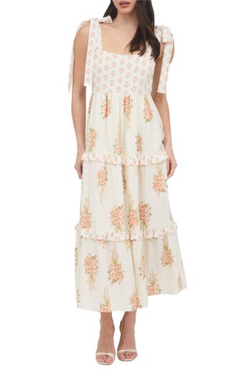 August Sky Floral Bow Strap Maxi Dress In Apricot Multi
