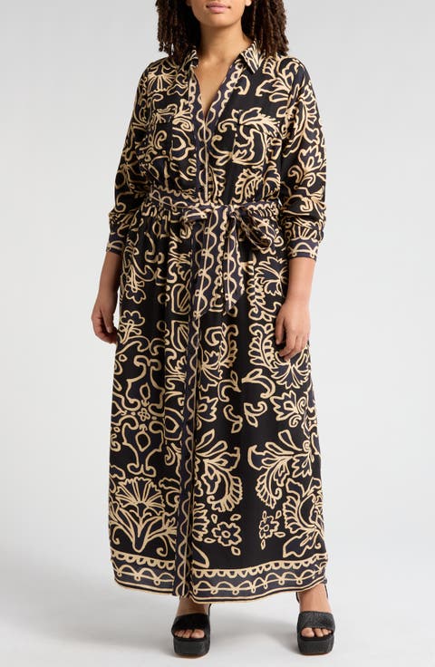 Chiara Abstract Floral Long Sleeve Maxi Shirtdress (Plus)