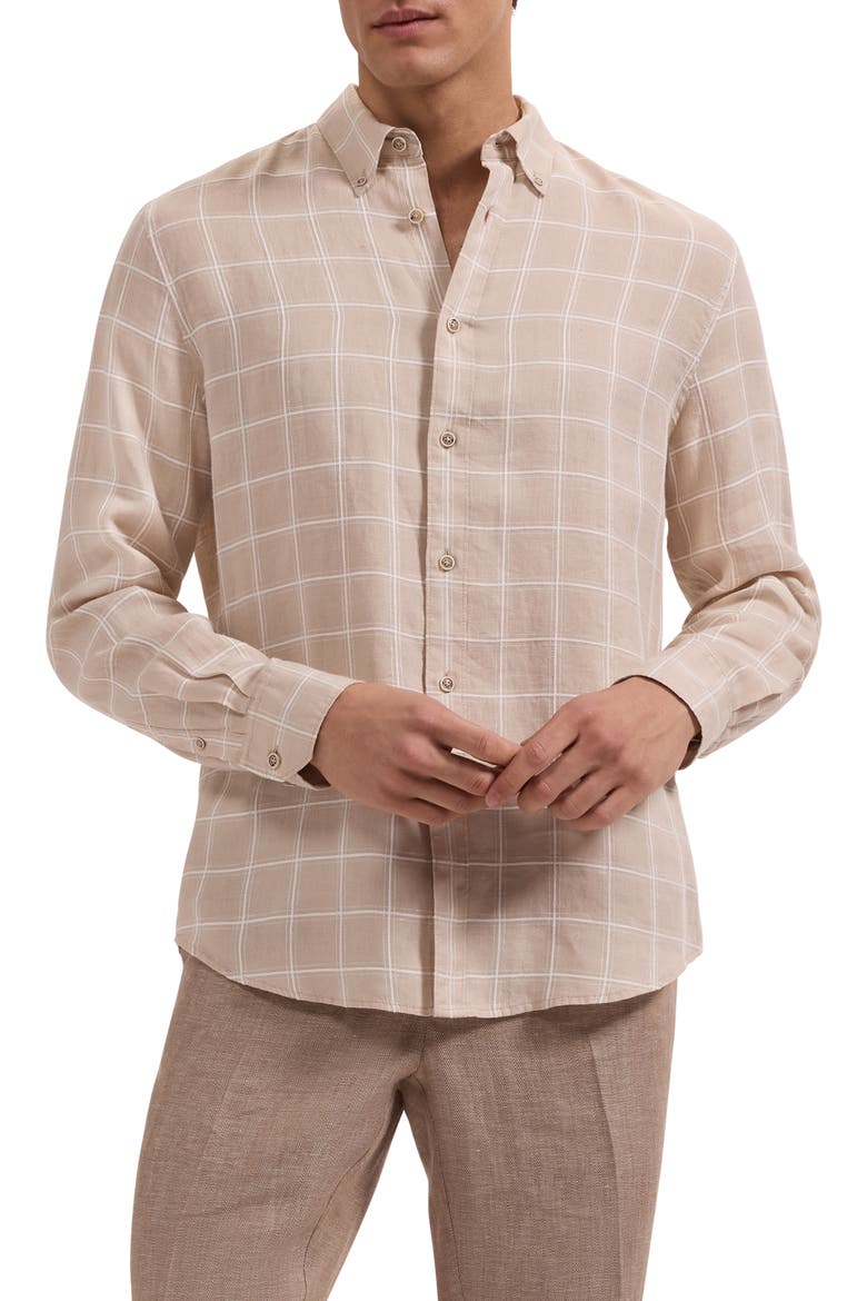 Austin Shaped Fit Windowpane Check Linen & Cotton Button-Down Shirt, Main, color, DESERT