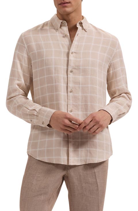 Austin Shaped Fit Windowpane Check Linen & Cotton Button-Down Shirt