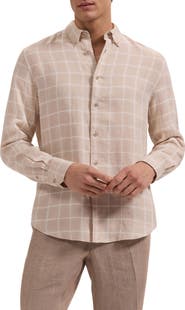 Bugatchi Austin Shaped Fit Windowpane Check Linen & Cotton Button-Down Shirt