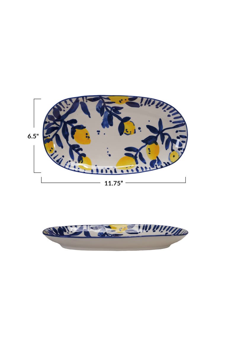 Hand-Painted Stoneware Platter with Lemons, White, Blue and Yellow, Alternate, color, Blue