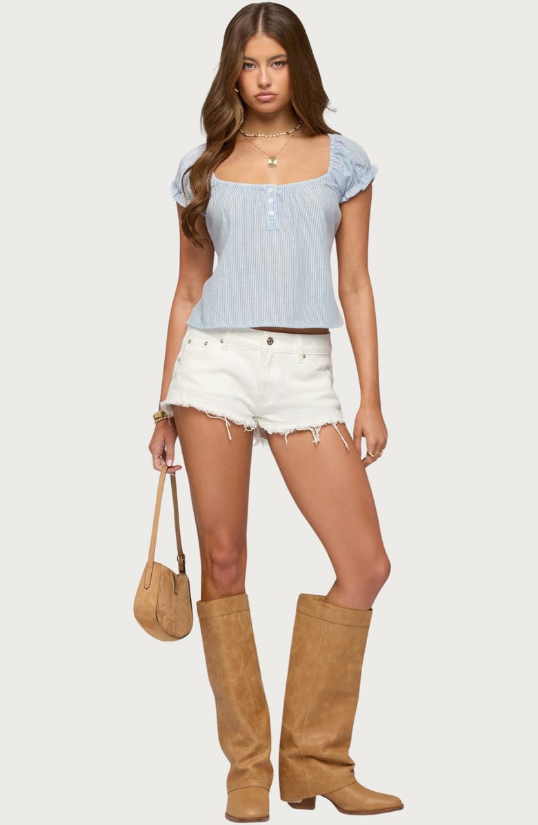 EDIKTED Low Rise Fray Hem Denim Shorts, Alternate, color, 