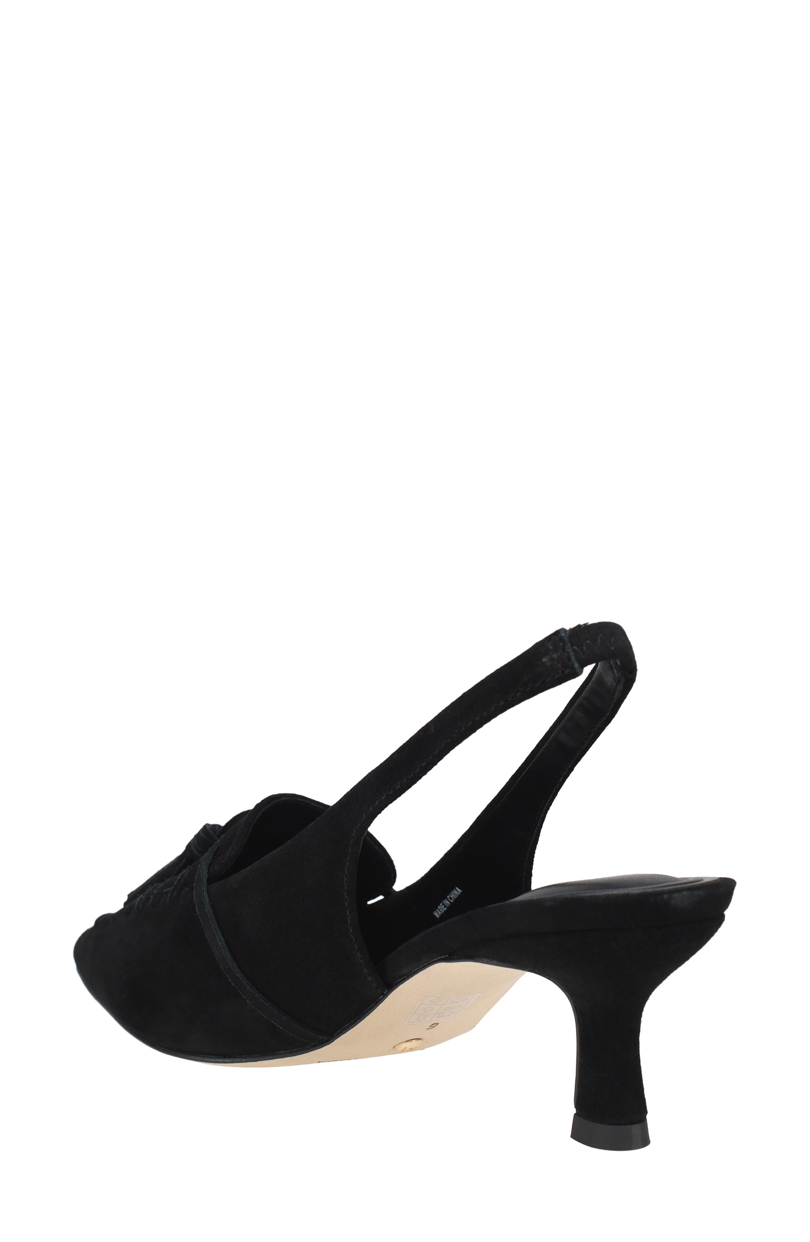 Kesia Slingback Pointed Toe Kitten Heel Tassel Loafer Pump, Alternate, color, BLACK