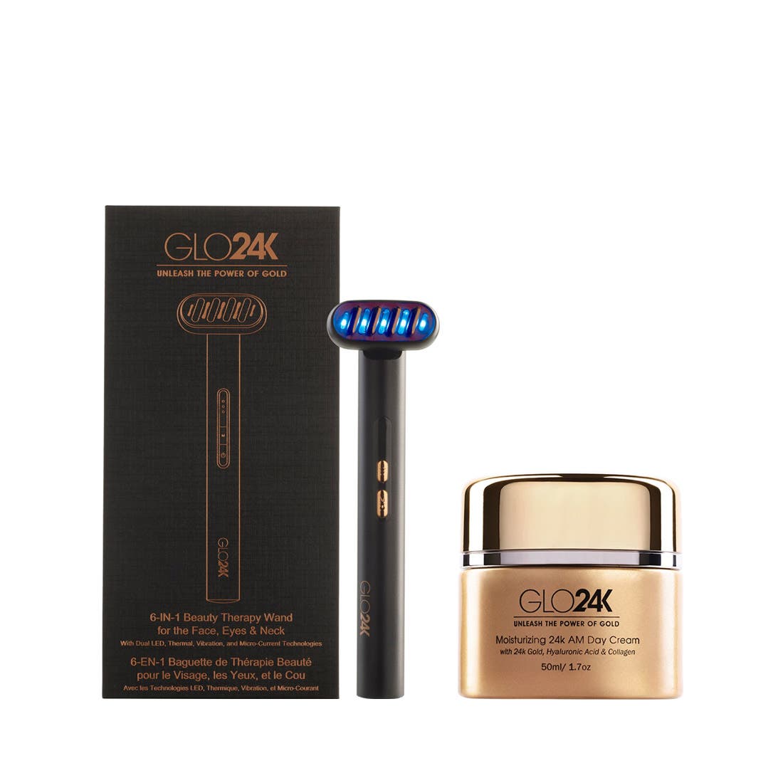 GLO24K UNLEASH THE POWER OF GOLD 6-IN-1 Beauty Therapy Wand for the Face, Eyes & Neck and 24K Day Cream in Na 