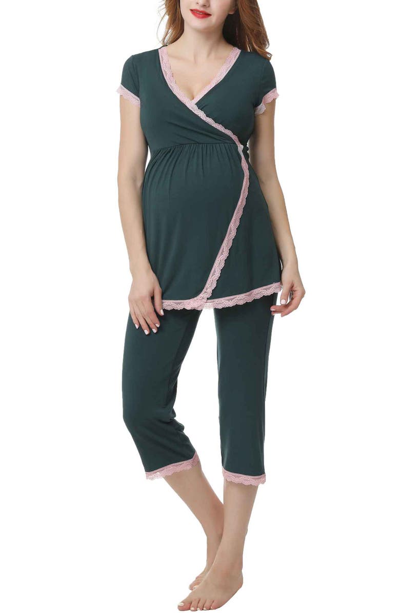 Kimi & Kai Cindy Maternity/Nursing Pajamas Set, Main, color, Forest Green