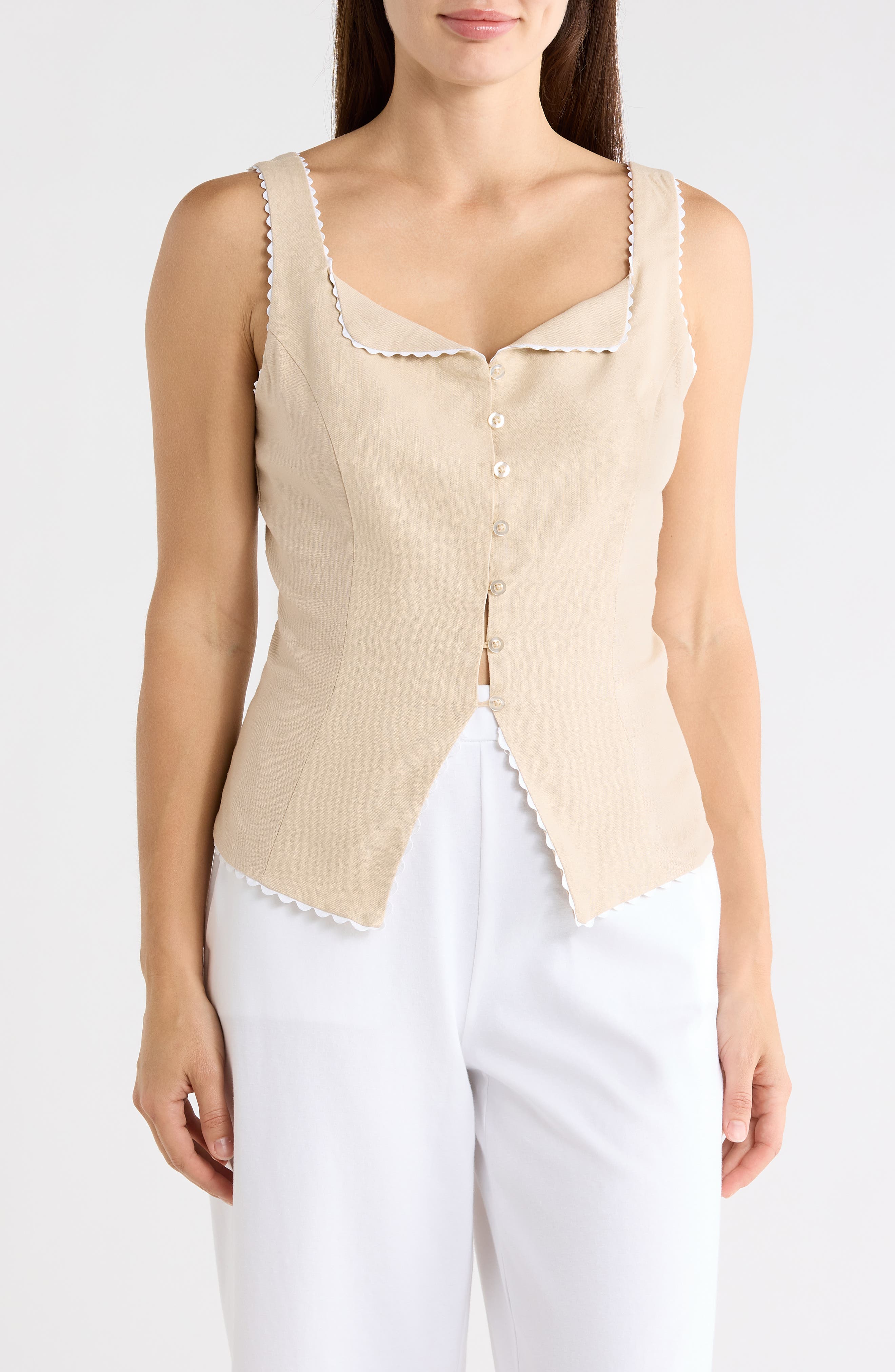 Ellen Tracy Rickrack Trim Sleeveless Button Front Top