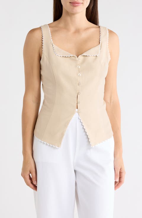 Rickrack Trim Sleeveless Button Front Top