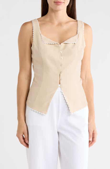 Ellen Tracy Rickrack Trim Sleeveless Button Front Top