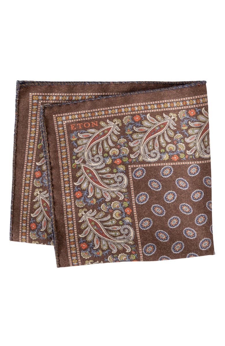 Eton Double Print Wool Pocket Square, Main, color, Medium Brown