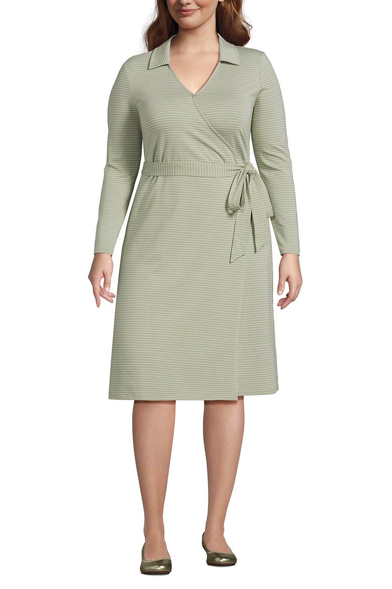Plus Size Cotton Modal Collared Wrap Dress, Main, color, Sage Thin Stripe