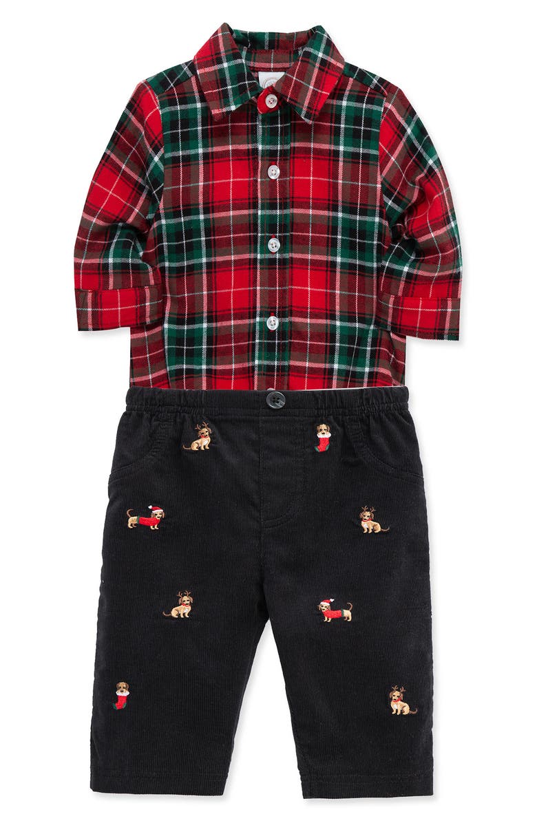 Little Me Plaid Bodysuit & Pups Corduroy Pants Set, Alternate, color, Red Plaid
