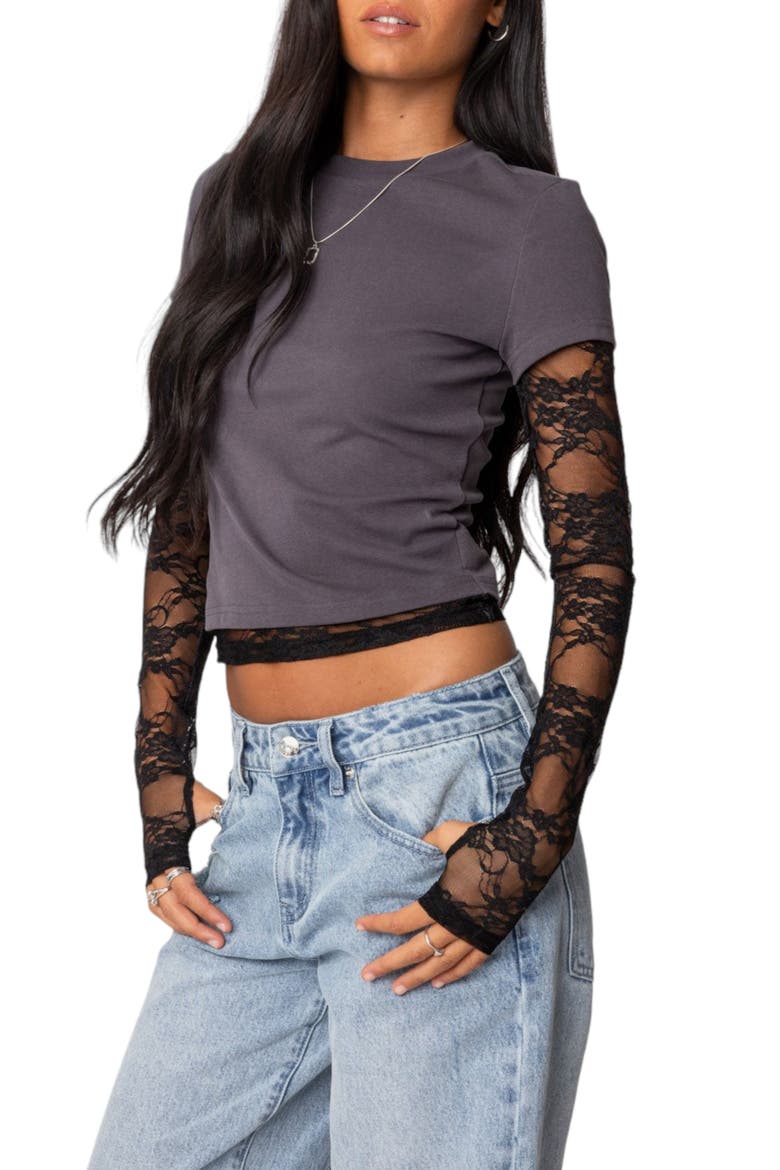 Layered Lace Long Sleeve T-Shirt, Alternate, color, GRAY