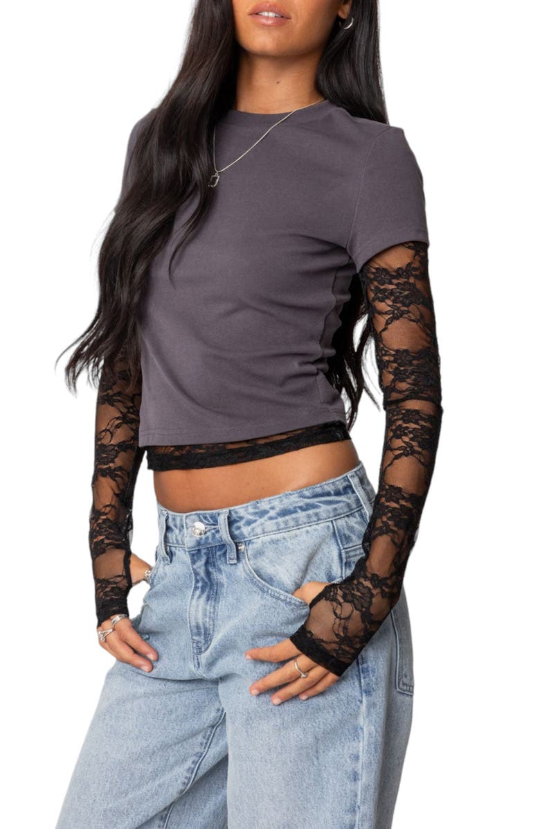 EDIKTED Layered Lace Long Sleeve T-Shirt, Alternate, color, Gray