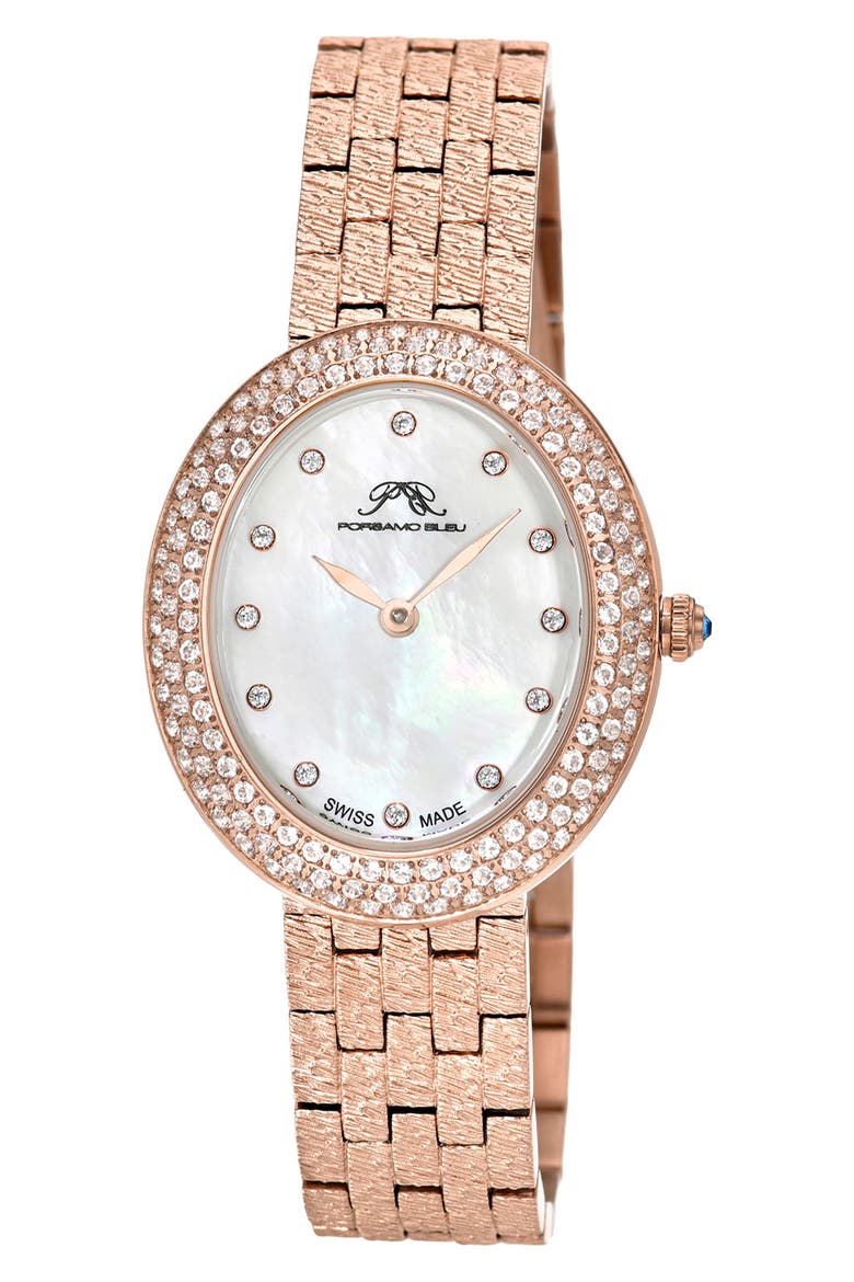 Women's Porsamo Bleu Angelica Oval MOP Dial Topaz Stainless Steel Watch, Main, color, ROSE/ WHITE