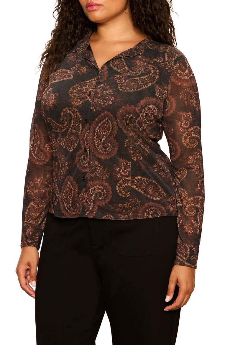 Fitted Mesh Button-Up Shirt, Alternate, color, COCOA BROWN PAISLEY