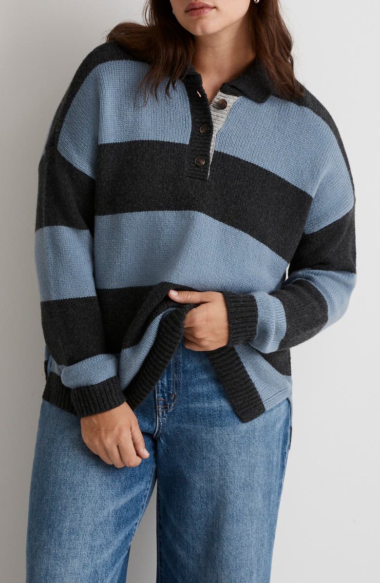 Madewell Rugby Stripe Polo Sweater, Alternate, color, 