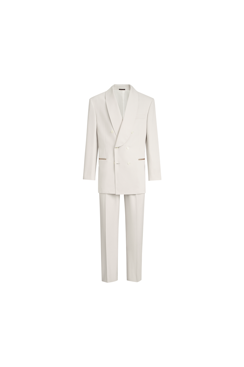 Délavé silk twill tuxedo with one-and-a-half breasted blazer with shawl lapel and trousers with double pleats, Alternate, color, Panama