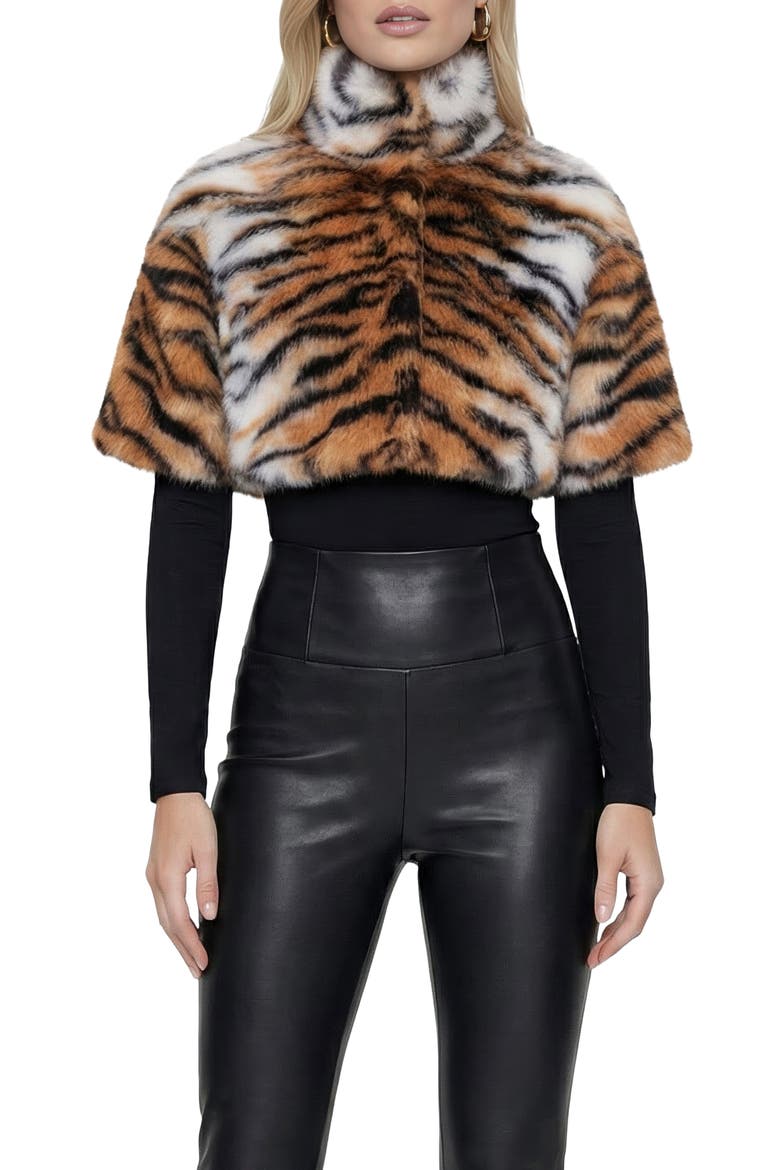 Fur-Free Fox (Faux Fur) Tiger Print Bolero, Short Sleeves, Main, color, TGR