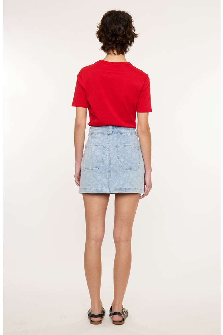 Aria Mid Rise Floral Print Denim Mini Skir, Alternate, color, Light Wash