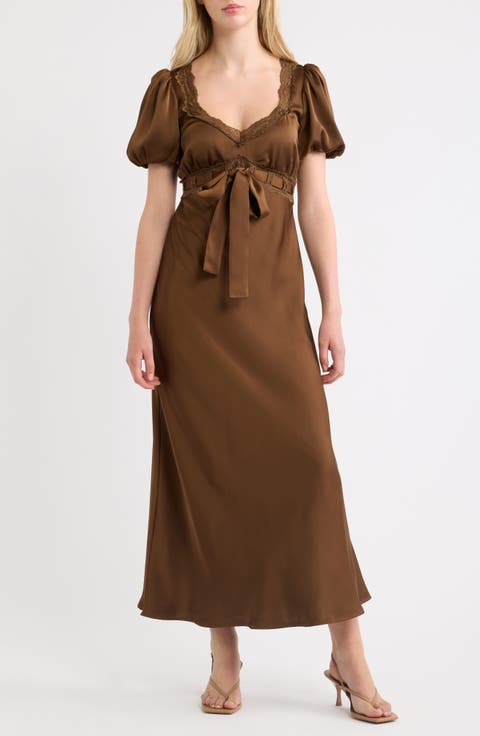 Puff Sleeve Lace Trim Maxi Dress