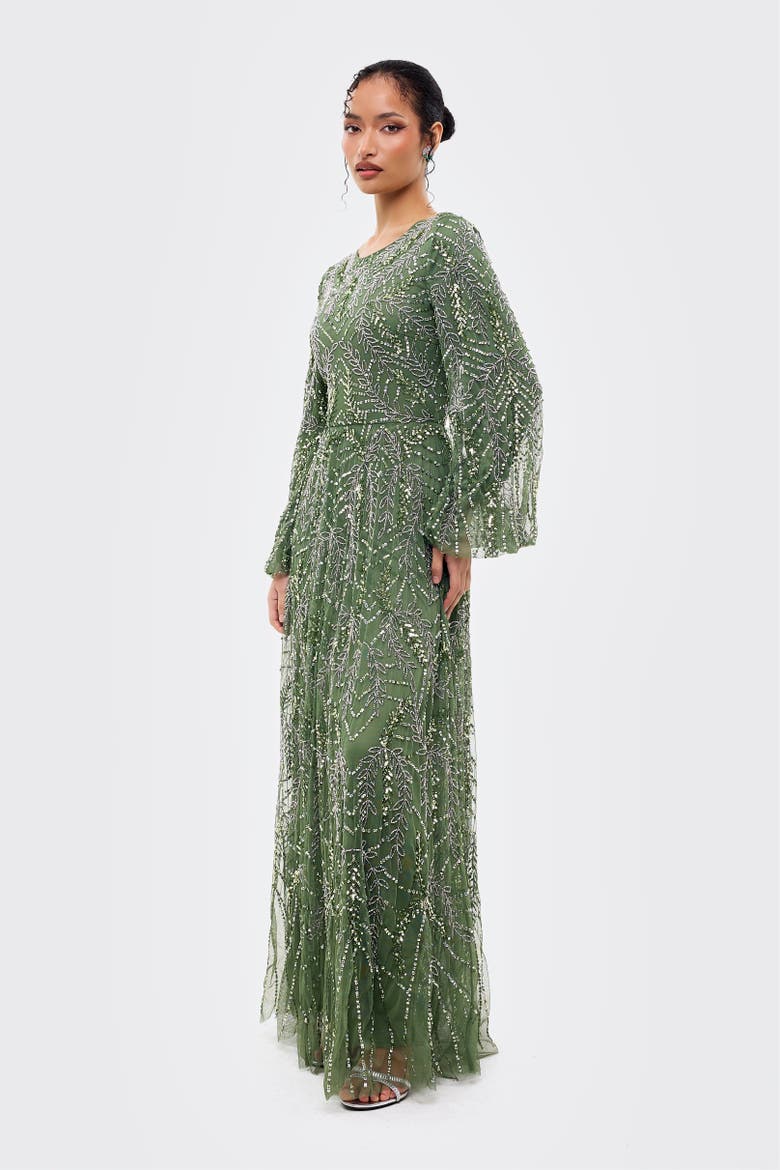 Modest Embellished Sequins A Line Maxi Gown, Alternate, color, DARK GREEN